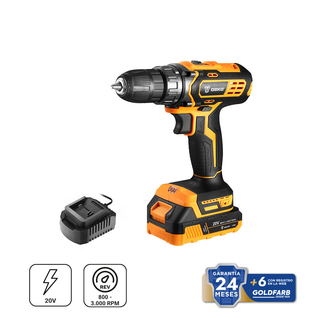 Deko Taladro Atornillador 10mm 40Nm 20V C/Bat. 1.5Ah y Carg.