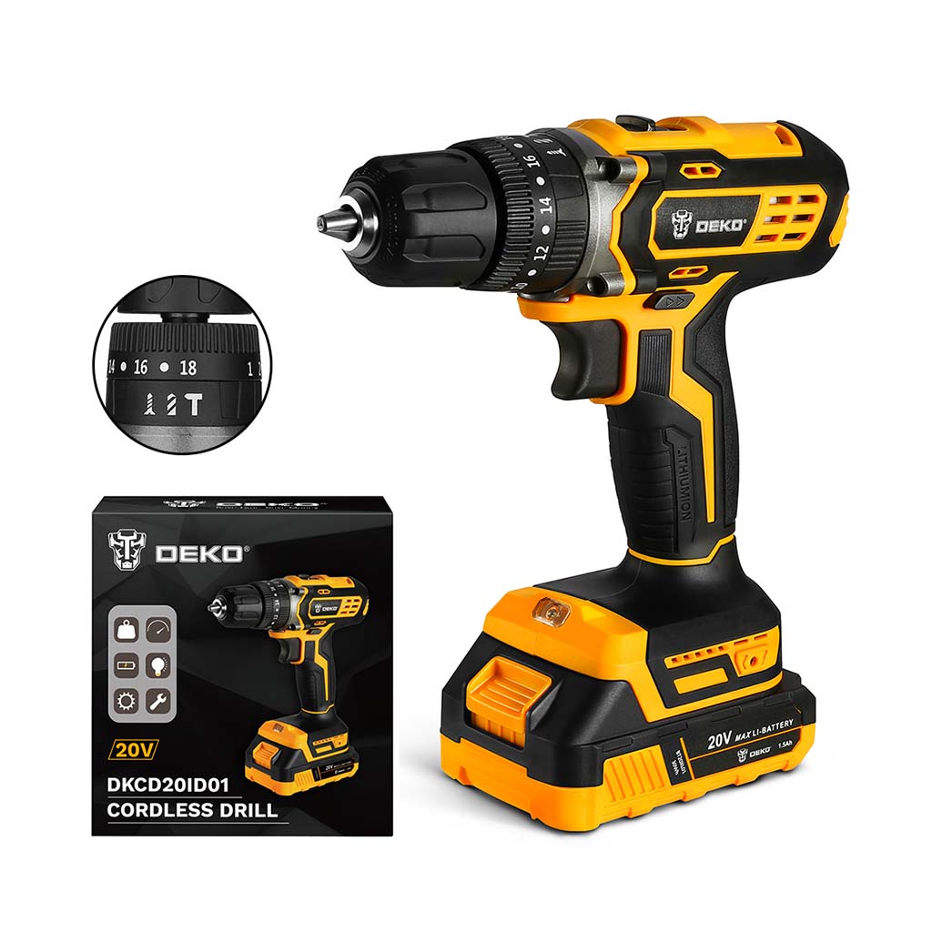 Deko Taladro Atornillador 10mm 40Nm 20V C/Bat. 1.5Ah y Carg.