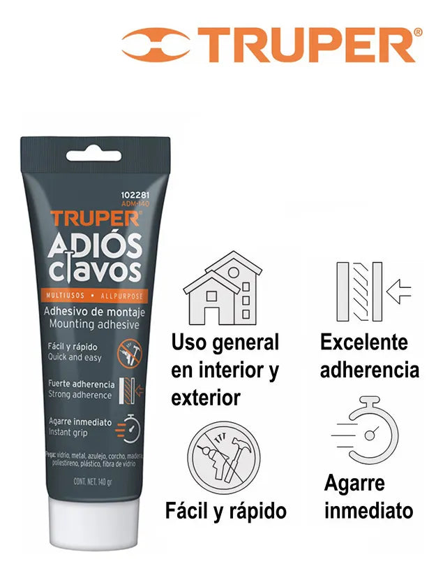 Truper Adhesivo de Montaje Adiós Clavos 140g