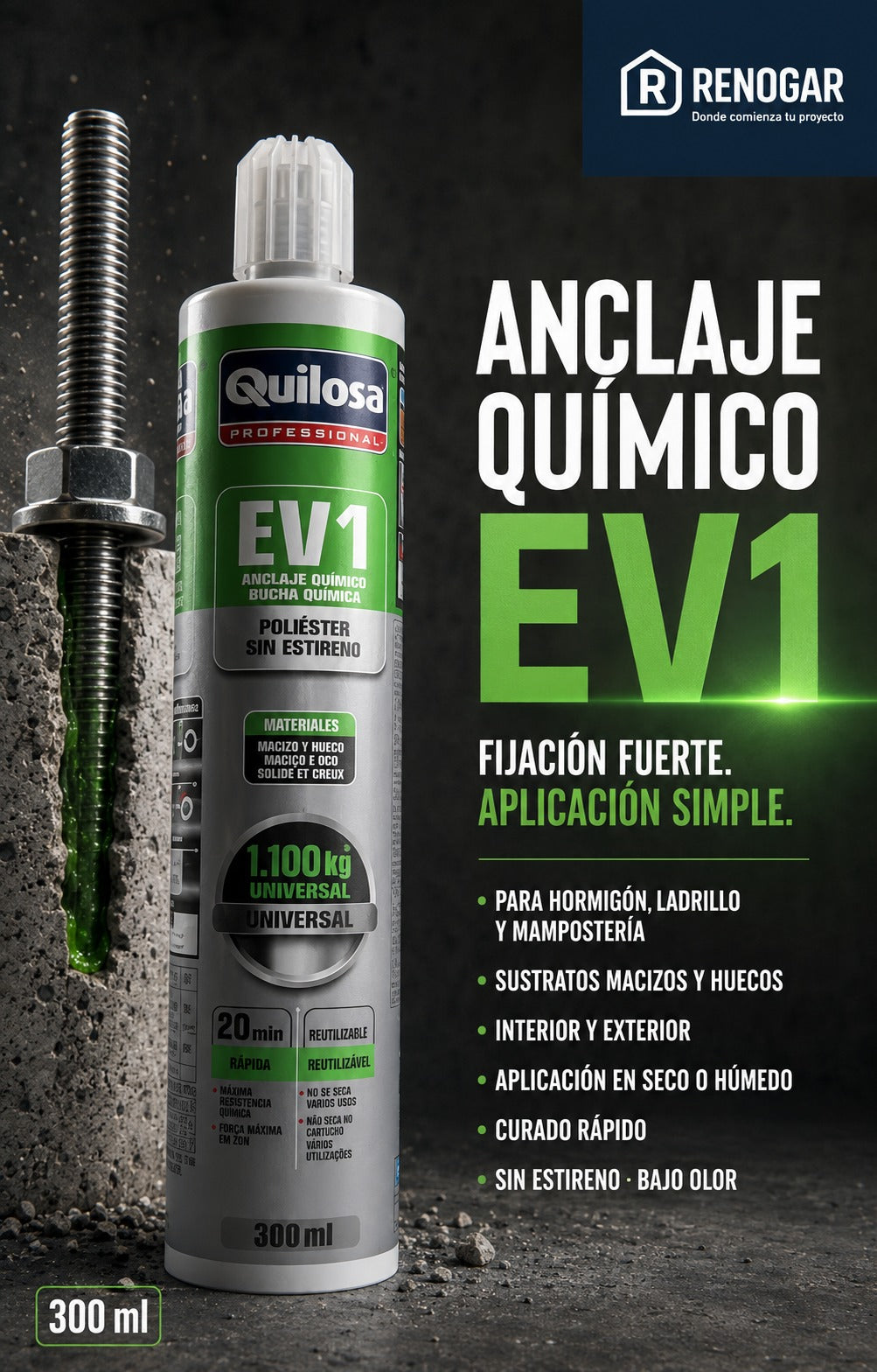 Quilosa Anclaje Químico Poliester EV1 300 ml